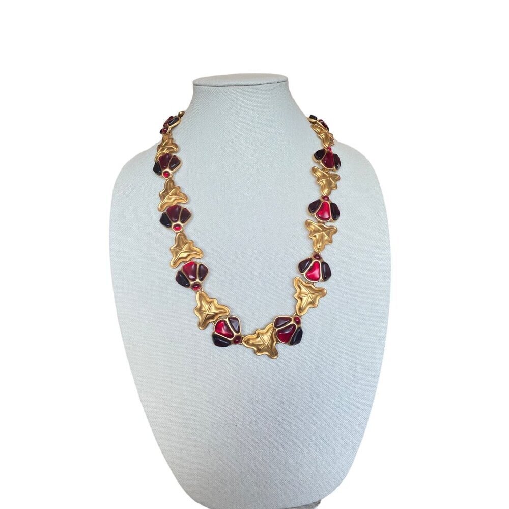 Anne Klein Couture Vintage Gold Tone‎ Red Poured Glass Leaf Statement Necklace